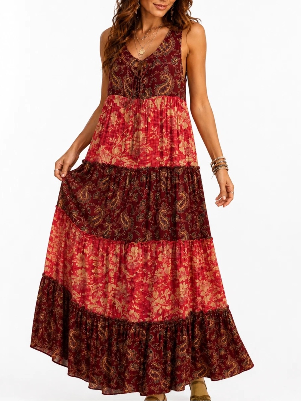 Denim & Supply Ralph Lauren Red Paisley and Floral Tiered Maxi Dress medium